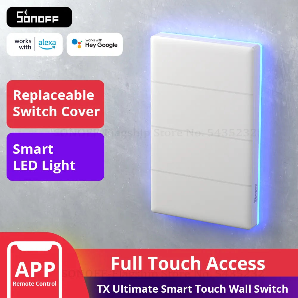 SONOFF T5 Wifi Smart Light Switch Full Touch Wall Swtiches Backlight Remote Control Work with Alexa Google Home 1/2/3/4 Gang