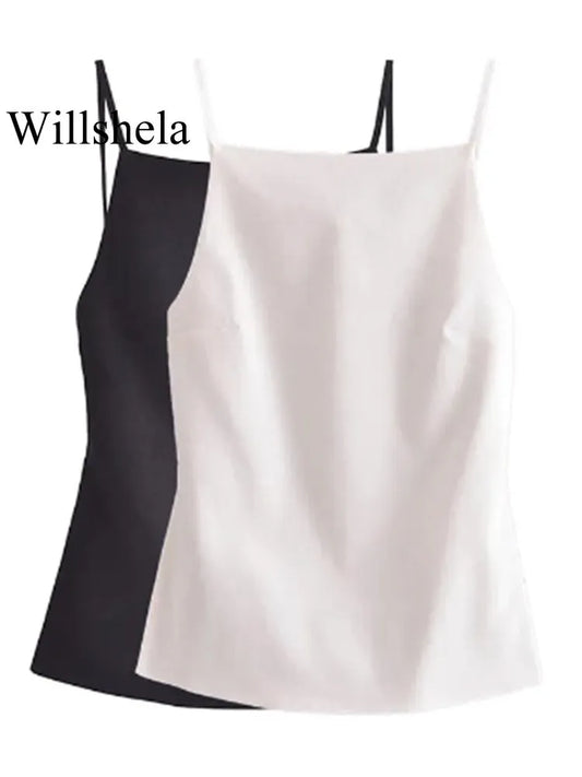 Willshela-camisola lisa con encaje y espalda al aire para mujer, Tops Vintage con tirantes finos y cuello cuadrado, Tops elegantes para mujer