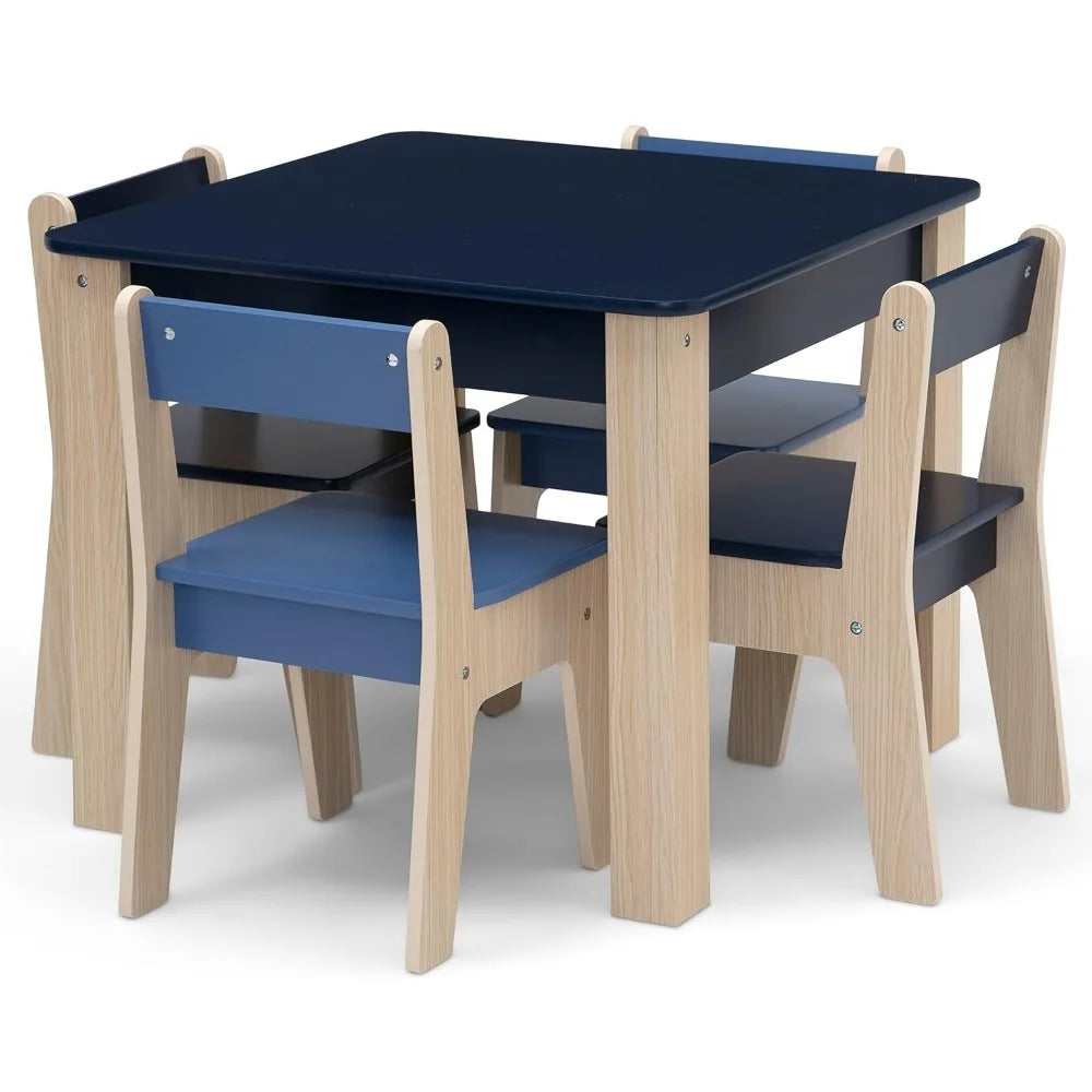 Children's tables and 4 Chair Set Size Kids and Chair Children Furniture Sets,Playroom Toddler Activity Table,Navy/Natural