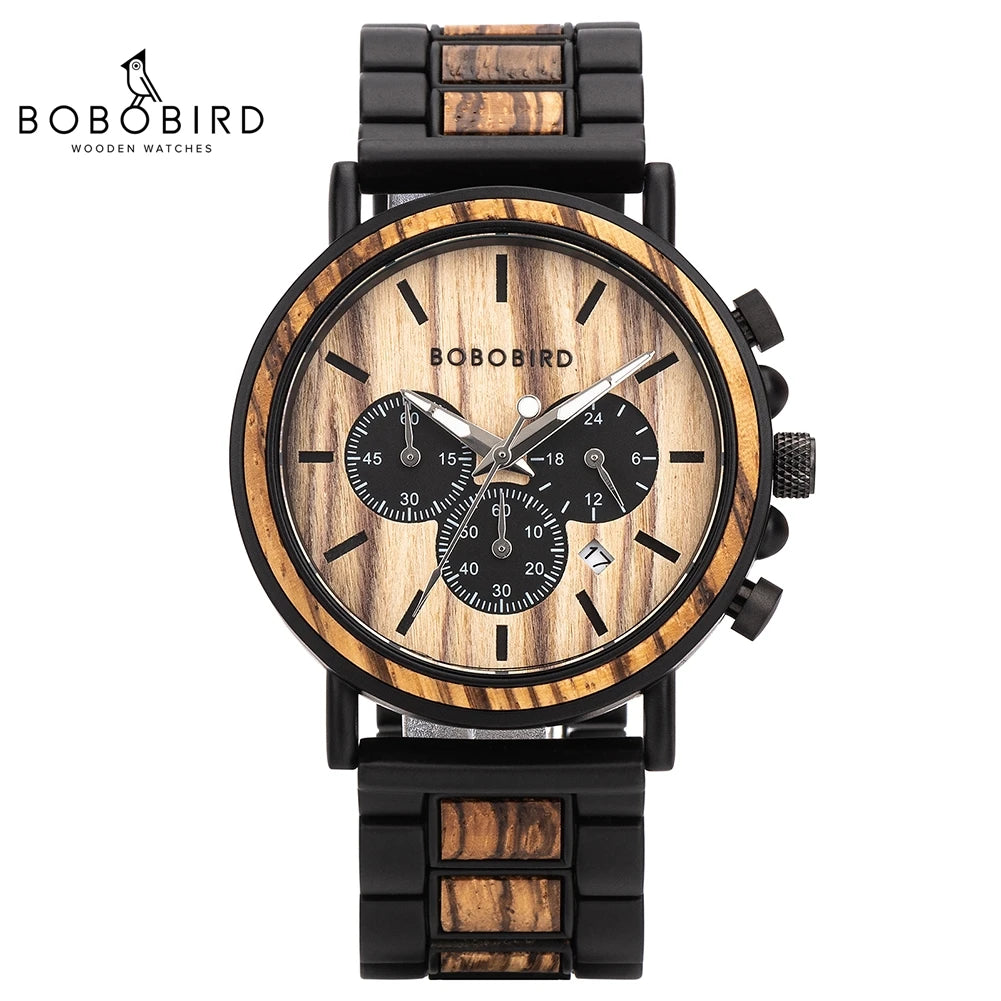 BOBO BIRD montre en bois hommes erkek kol saati luxe élégant bois montres chronographe militaire Quartz montres personnalisé bois cadeau