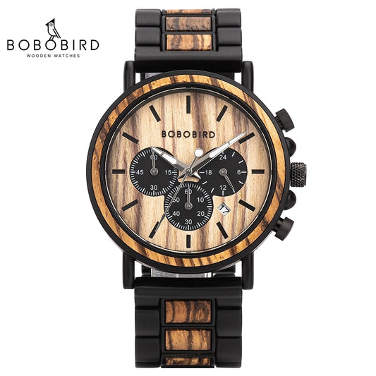 BOBO BIRD Reloj de madera para hombre erkek kol saati Relojes de madera elegantes de lujo cronógrafo relojes de cuarzo militares regalo de madera personalizado