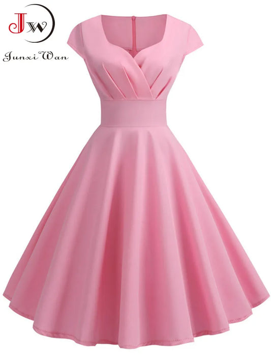 Vestido rosa de verano para mujer, vestido Vintage con cuello en V, vestido Vintage con vuelo, vestido elegante Retro pin up para fiesta y oficina, vestidos por debajo de la rodilla