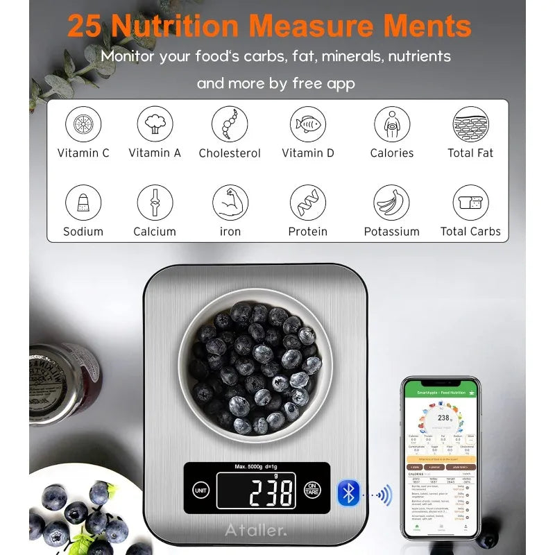 Báscula de nutrición de alimentos inteligente, báscula de cocina digital Bluetooth, pantalla LCD grande, acero inoxidable 304, graduación 1 g, máximo 5 kg 11 Ib