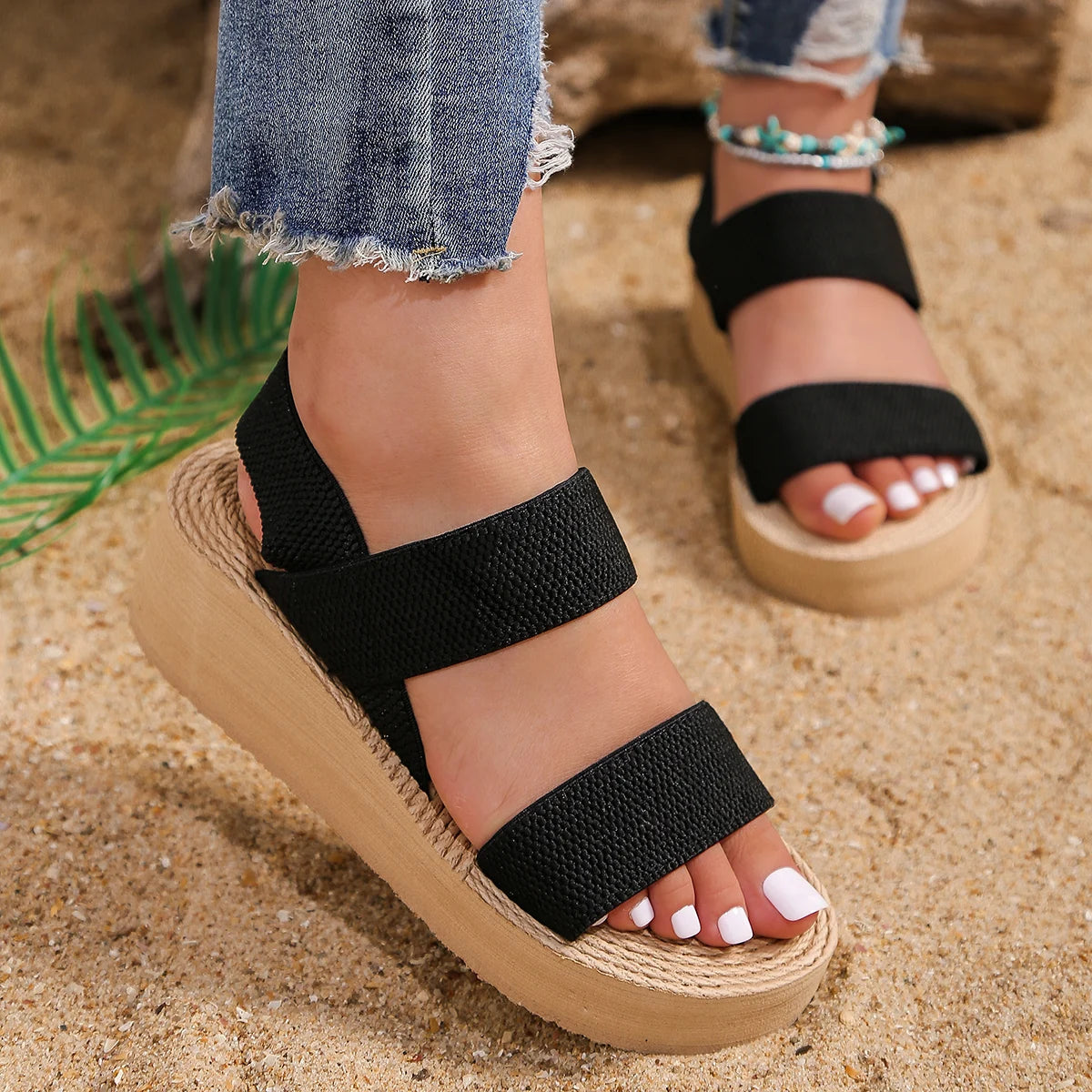 Women's fashion trend anti-slip wear-resistant pure black belt soft soled high-heeled sandals