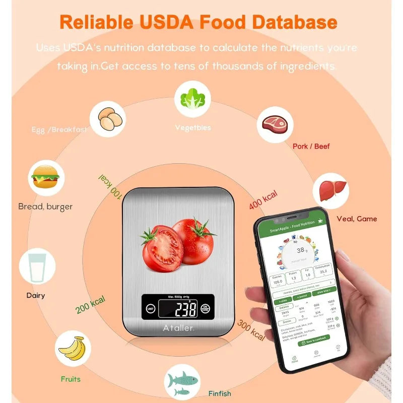 Báscula de nutrición de alimentos inteligente, báscula de cocina digital Bluetooth, pantalla LCD grande, acero inoxidable 304, graduación 1 g, máximo 5 kg 11 Ib