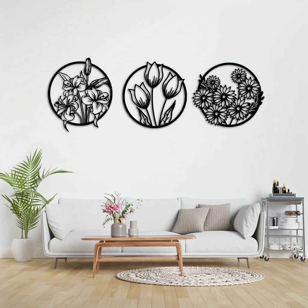 1 pieza, juego de arte de pared con flores, arte de pared de metal, juego de arte de pared grande, arte de pared decorativo para el hogar para la sala de estar, decoración de pared con flores