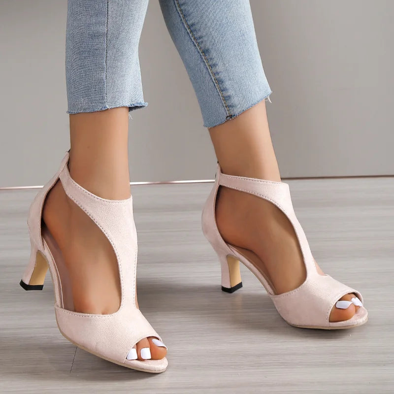 2023 Summer New Brushed Leather Fish Mouth Sandals Women's Back Zipper Sexy Solid Color Comfortable High Heel Single Shoes Women