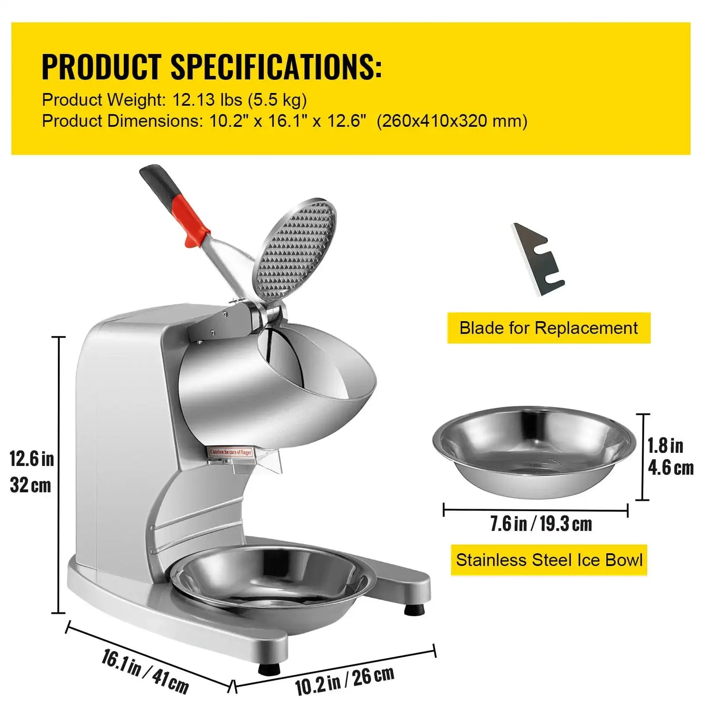 Electric Ice Crusher 300W Snow Cone Maker with Stainless Steel Bowl Replacement Blades Kitchen