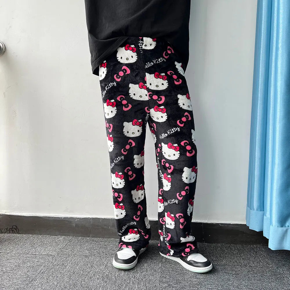 Sanrio Hello Kitty-pijamas de franela para mujer, pantalones de casa informales de lana cálidos con dibujos animados, color negro, moda Otoño Invierno