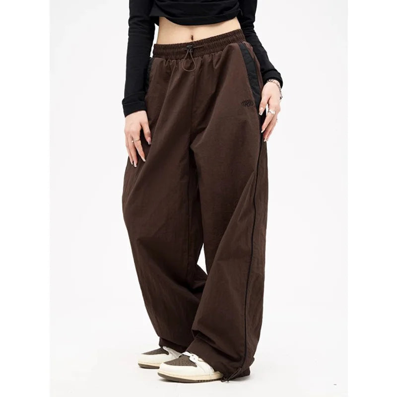 Women Spring Retro Solid Loose Drawstring Trousers Casual Joggers Baggy Wide Leg Sweatpants Mid Waist Sporty Y2k Female Clothes