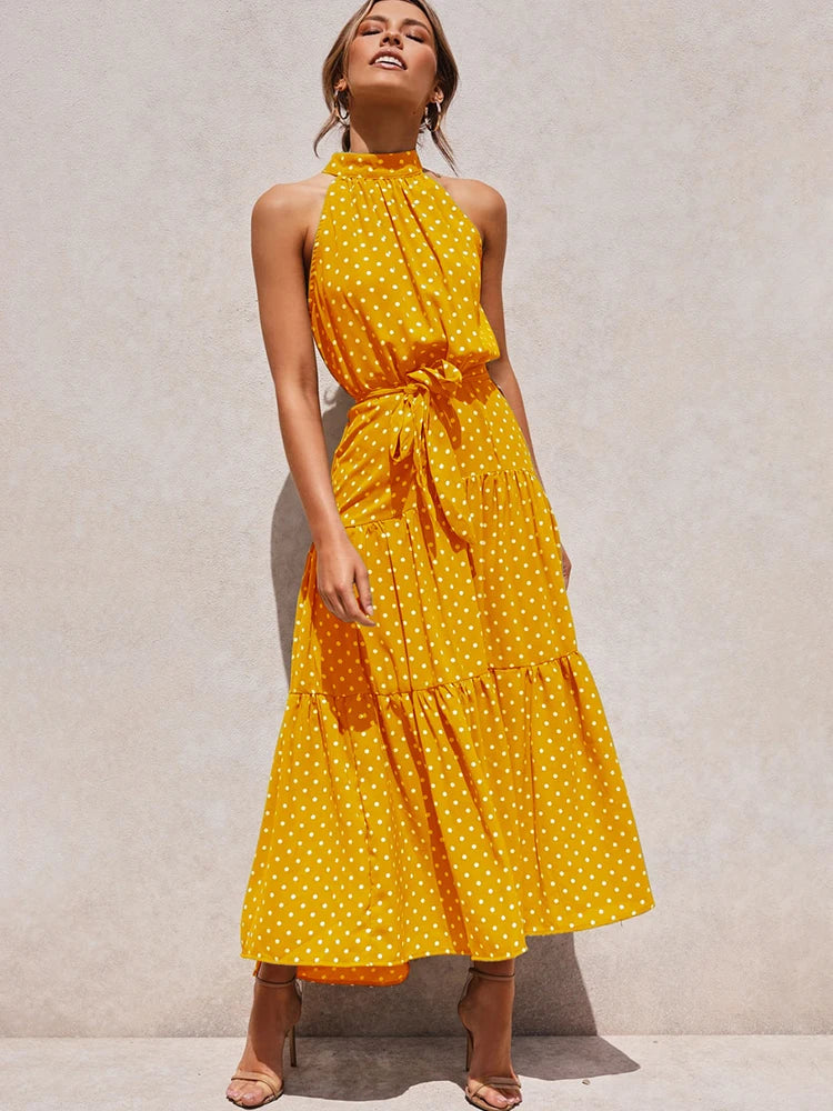 Robe longue d'été à pois, tenue décontractée, noire, Sexy, col licou, sans bretelles, jaune, vêtements de vacances pour femmes, nouvelle collection 2022