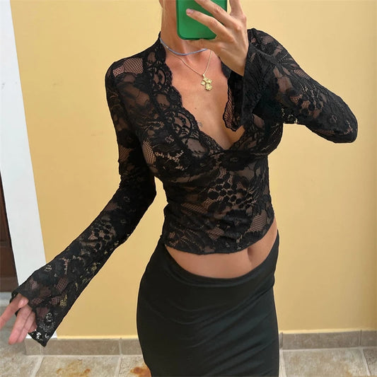 Xingqing Aesthetic Lace Top Women Sexy Clothing See Through Deep V Neck Flared Long Sleeve T Shirts Party Clothes Clubwear