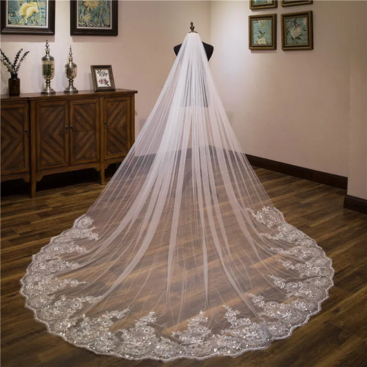 Voile de mariée cathédrale blanc ivoire, 3x3 mètres, avec Appliques en dentelle, vente en gros