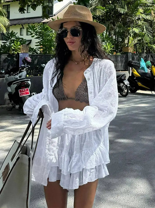 Conjunto de camisa blanca de manga larga, chaqueta y pantalones cortos, trajes de una sola botonadura con cuello levantado para mujer, ropa de playa informal para vacaciones