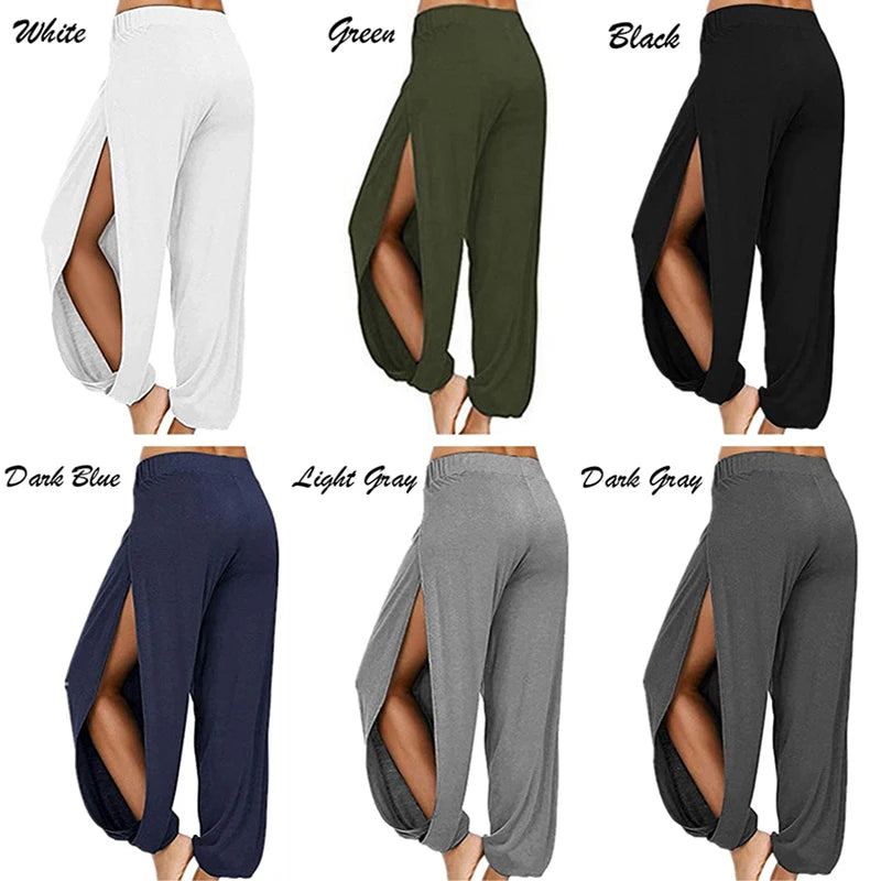 Women Fashion Yoga Pants High Waisted Slit Wide Leg Haren Pants Gym Leggings Casual Solid Hollow Workout Trousers Gym Home Wear