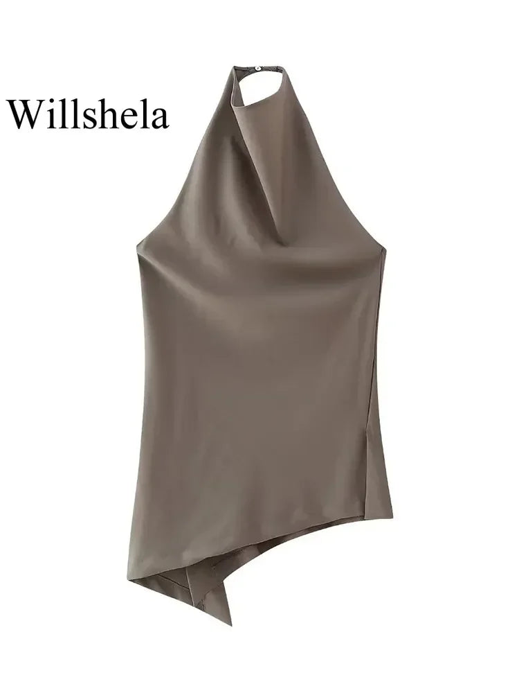 Willshela, conjunto de dos piezas a la moda para mujer, Tops plisados ​​marrones con cuello Halter y Pantalones rectos, pantalones elegantes Vintage para mujer, traje