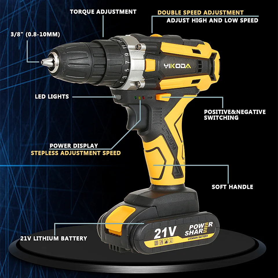 YIKODA perceuse sans fil 12/16, 8/21V, tournevis électrique Rechargeable, batterie au Lithium, outils électriques multifonctions à 2 vitesses pour la maison