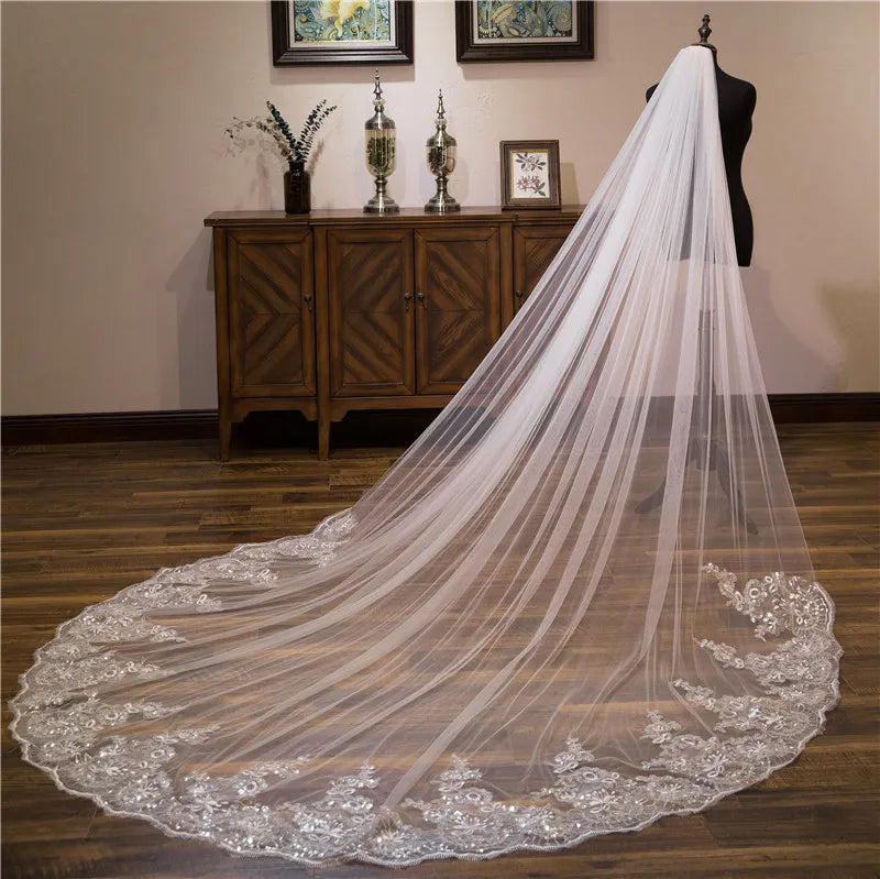 Voile de mariée cathédrale blanc ivoire, 3x3 mètres, avec Appliques en dentelle, vente en gros