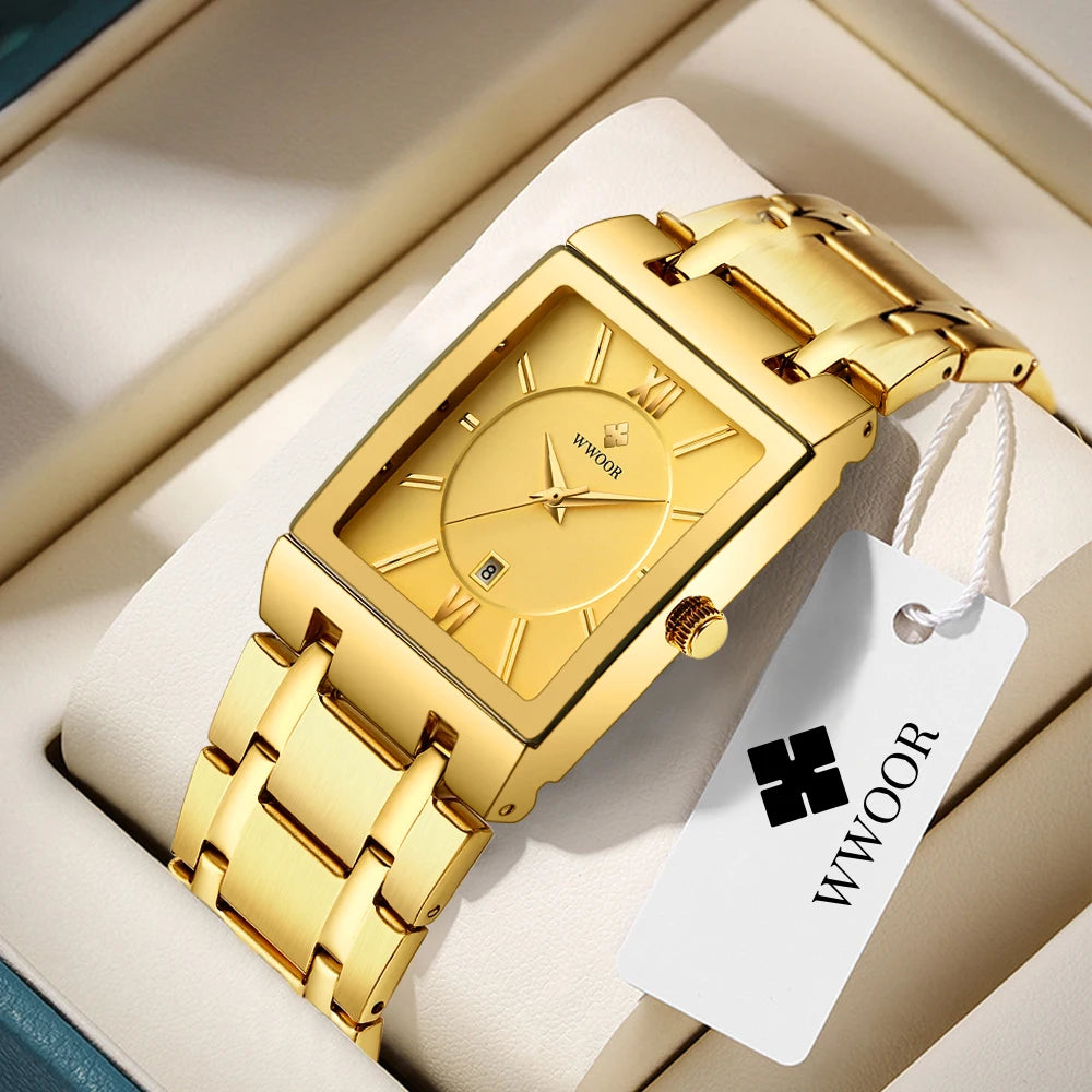 Reloj Masculino WWOOR, reloj dorado cuadrado para hombre, relojes de marca superior de lujo, reloj de pulsera resistente al agua de acero inoxidable de cuarzo dorado