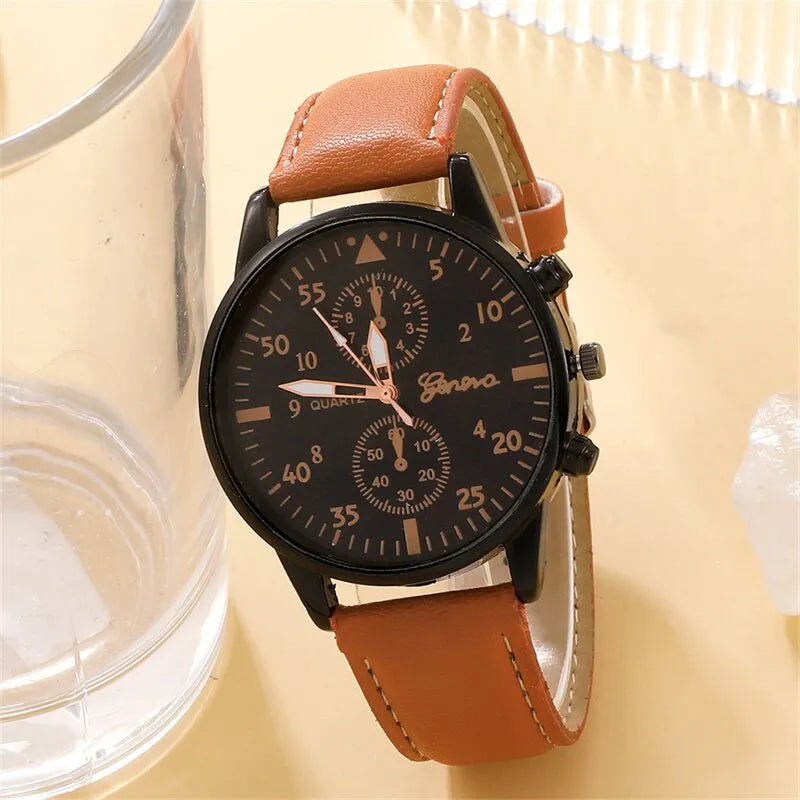 Nuevo reloj para hombre, conjunto de pulsera de lujo, relojes de pulsera de cuarzo de cuero marrón de negocios a la moda para hombre, conjunto de regalo, reloj Masculino