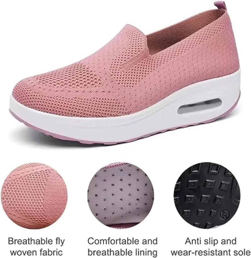 Women Walking Tennis Female Flat Shoes Slip-On Light Air Cushion Mesh Up Stretch Sneakers Running Casual Breathable Sports Shoes