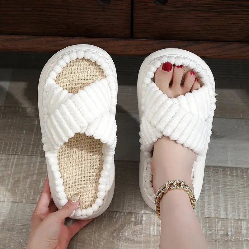 Women Spring Autumn Home Slippers Open-Toe Cross Band Linen Soled Indoor Slides Linen Soled Non-Slip Bathroom Slippers