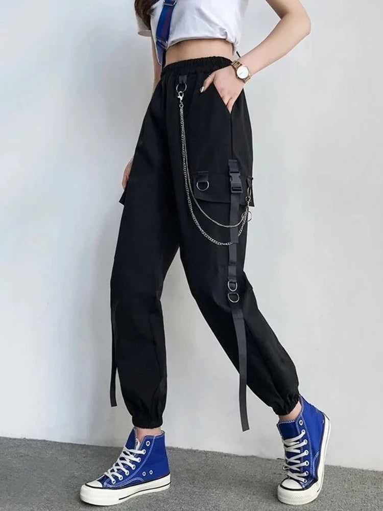 Pantalon Cargo sarouel pour femmes, mode Punk, poches, survêtement avec chaîne, Harajuku, élastique, taille haute, Streetwear