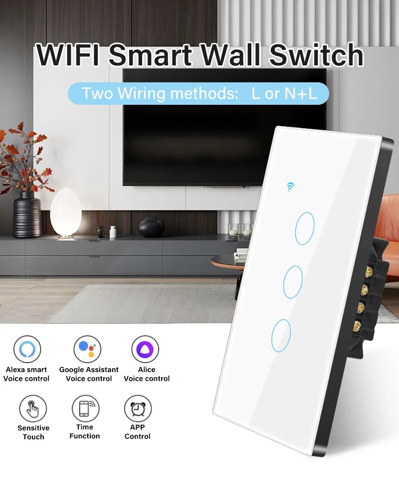 Tuya WiFi US interruptor de luz inteligente cable neutro/No se requiere cable neutro Interruptor táctil de pared tipo 120 funciona con Alexa, Google Home