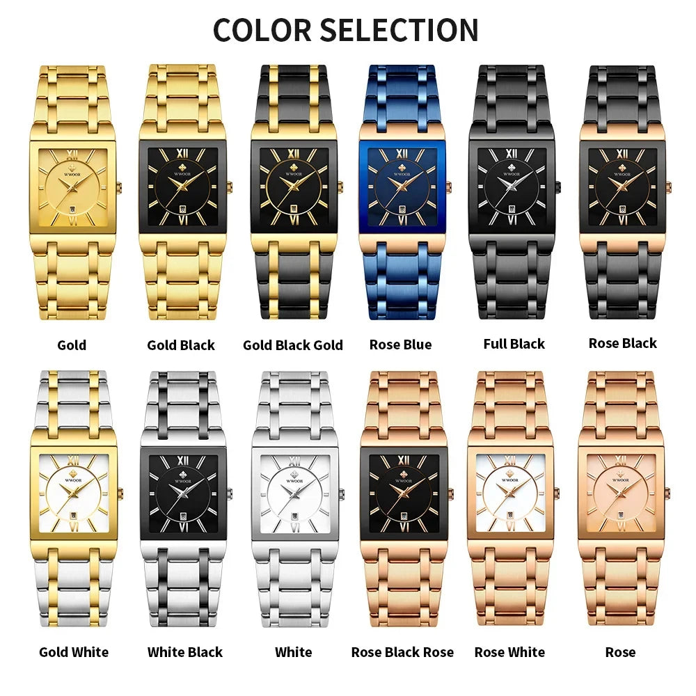 Reloj Masculino WWOOR, reloj dorado cuadrado para hombre, relojes de marca superior de lujo, reloj de pulsera resistente al agua de acero inoxidable de cuarzo dorado