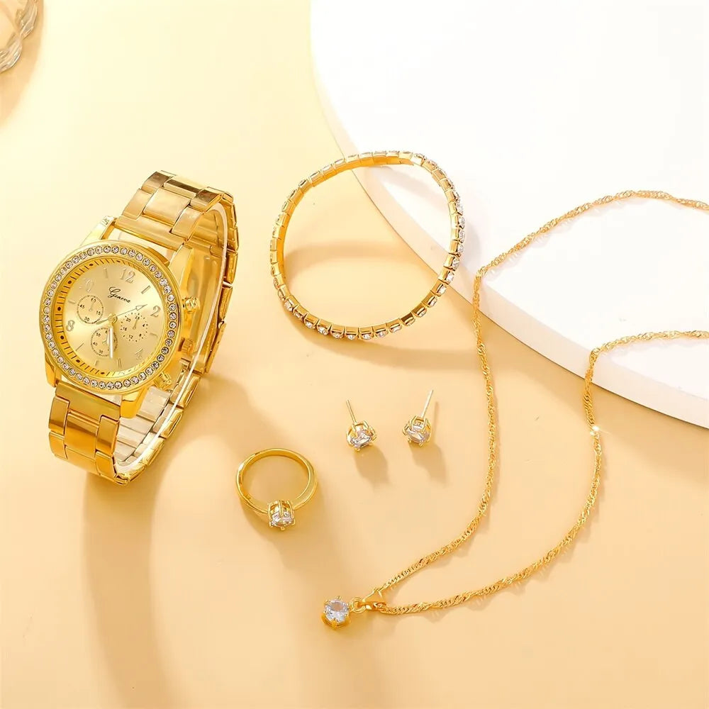 Conjunto de 6 uds. De reloj de lujo para mujer, anillo, collar, pendiente, reloj de pulsera de moda con diamantes de imitación, relojes informales para mujer, conjunto de pulsera