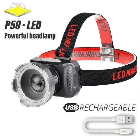 Linterna frontal LED XHP50 potente para pesca, linterna para acampar, recargable, resistente al agua, con zoom, 3 modos de iluminación, luz portátil para exteriores