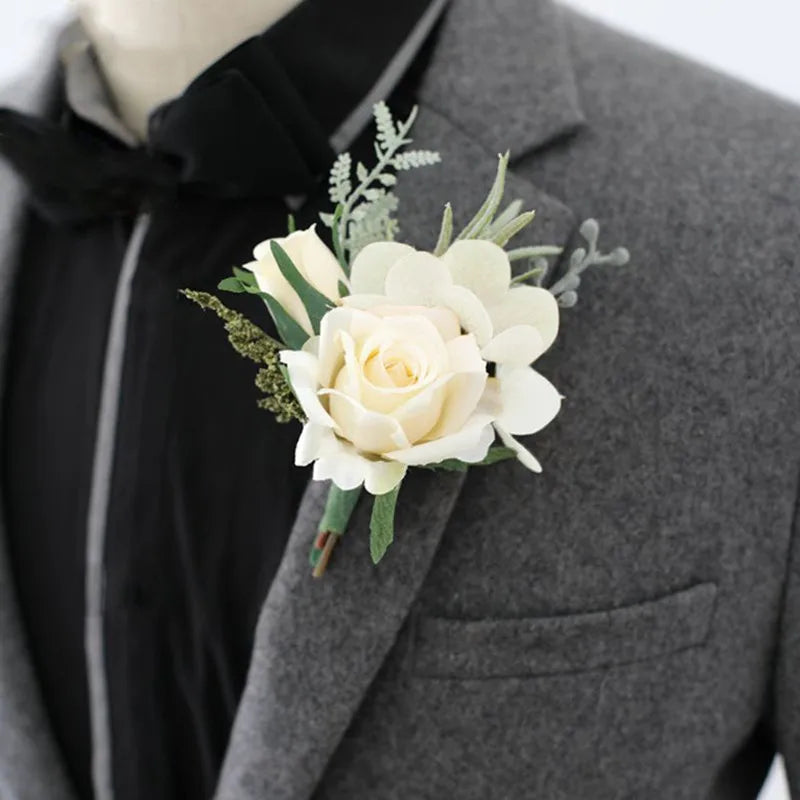 Boutonnières fleurs artificielles Roses blanches soie ivoire Corsage boutonnière garçons d'honneur boutonnière pour hommes accessoires de mariage