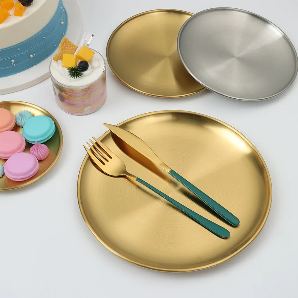 Stainless Steel Plate Set, 2 Pieces, Easy to Clean, Luxury Metal Round Serving Tray