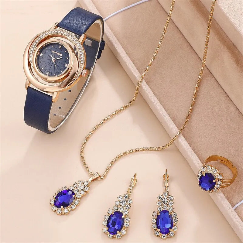 Conjunto de 5 uds. De reloj de lujo para mujer, anillo, collar, pendiente, reloj de pulsera de moda con diamantes de imitación, conjunto de relojes informales para mujer