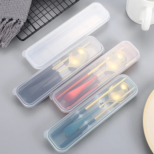 1pc Portable Reusable Transparent Or Solid Color Plastic Cutlery Empty Storage Box Ideal For Students Or Travel