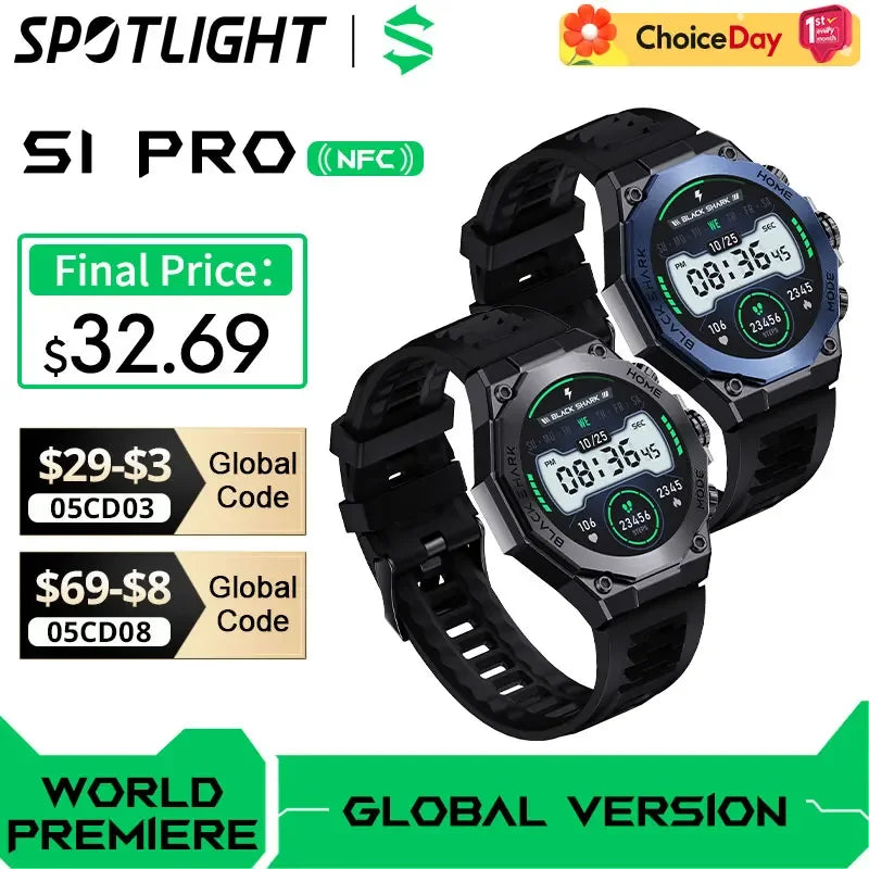 [Estreno mundial] Reloj inteligente Black Shark S1 Pro versión global Pantalla AMOLED de 1,43 pulgadas Más de 100 modos deportivos Reloj inteligente con monitoreo del sueño