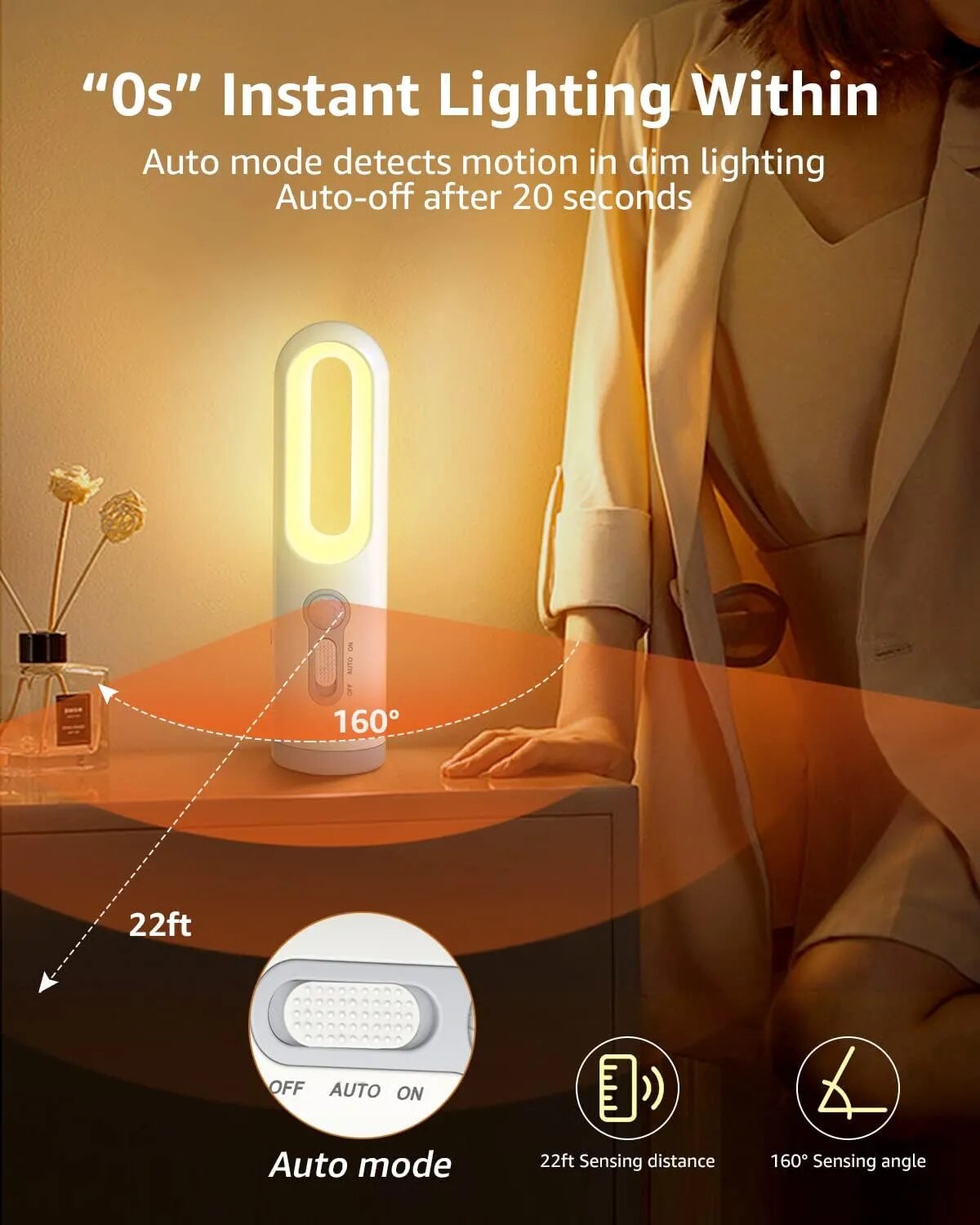 Luz nocturna con sensor de movimiento LED, linterna portátil 2 en 1 con sensor de atardecer a amanecer para dormitorio, baño, lectura, camping