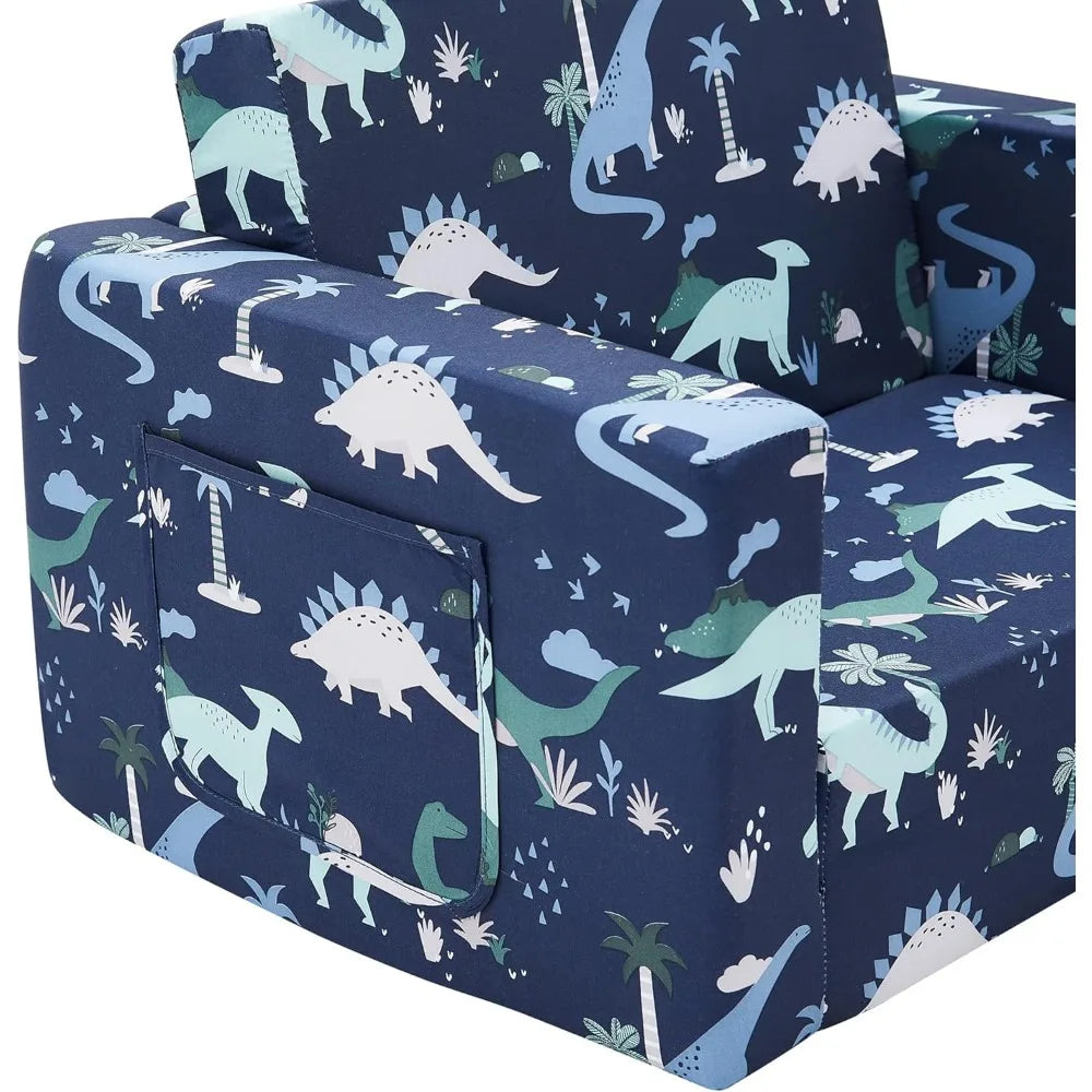 Ulax Furniture Canapé pliant pour enfants 2 en 1, canapé convertible en chaise longue avec tissu en peluche doux (dinosaure bleu marine)