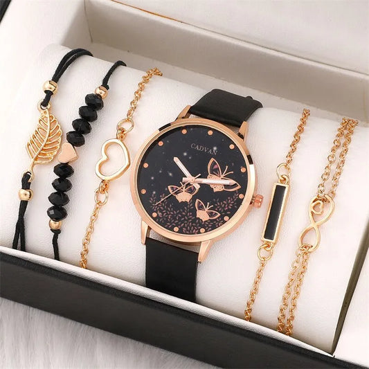 Conjunto de 6 uds. De relojes para mujer, reloj de mariposa a la moda, nuevo reloj de pulsera analógico sencillo e informal para mujer, pulsera de regalo sin caja