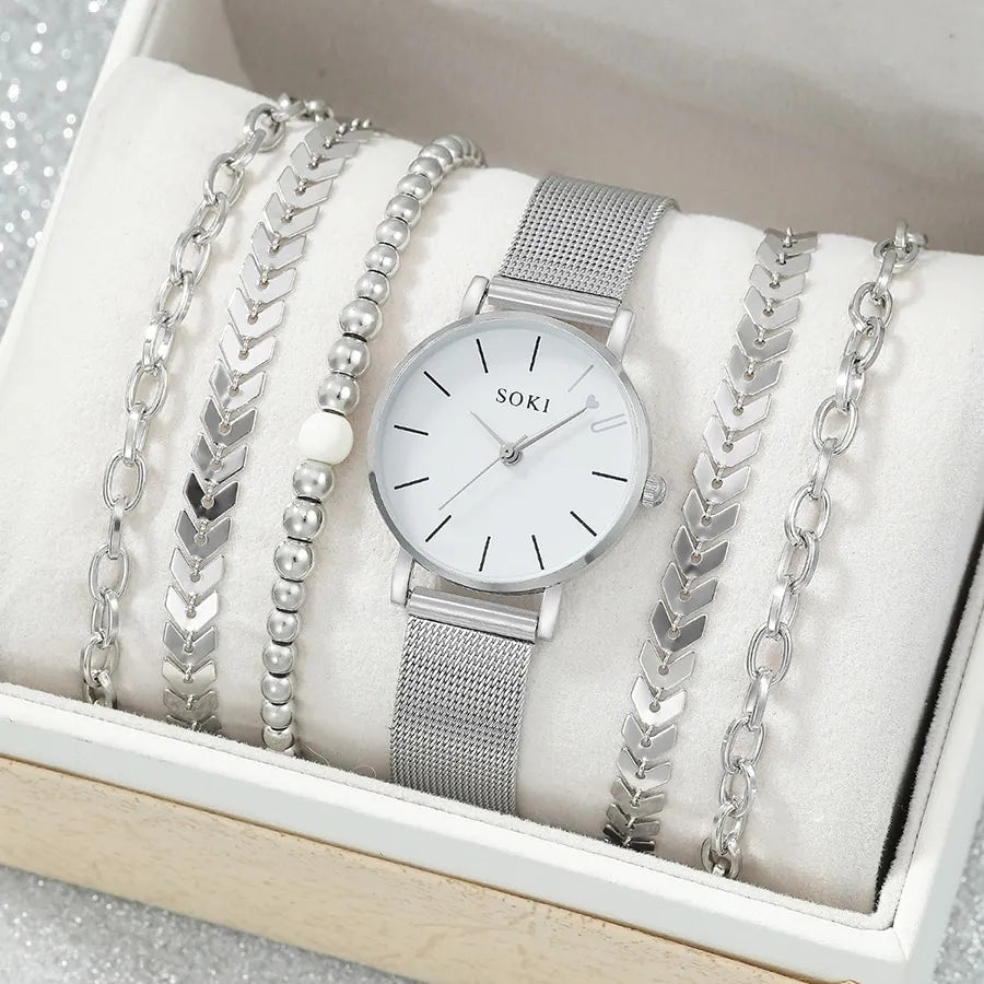 Reloj de cuarzo plateado Simple de 6 piezas con pulsera para mujer, reloj de plata Simple redondo de moda informal, conjunto de pulseras de trigo delicadas