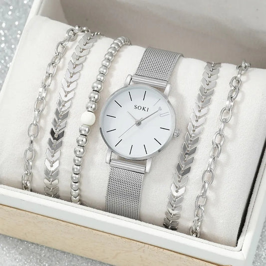 6pc Simple montre à Quartz en argent avec Bracelet pour femmes décontracté mode ronde Simple montre en argent ensemble de Bracelets de blé délicat