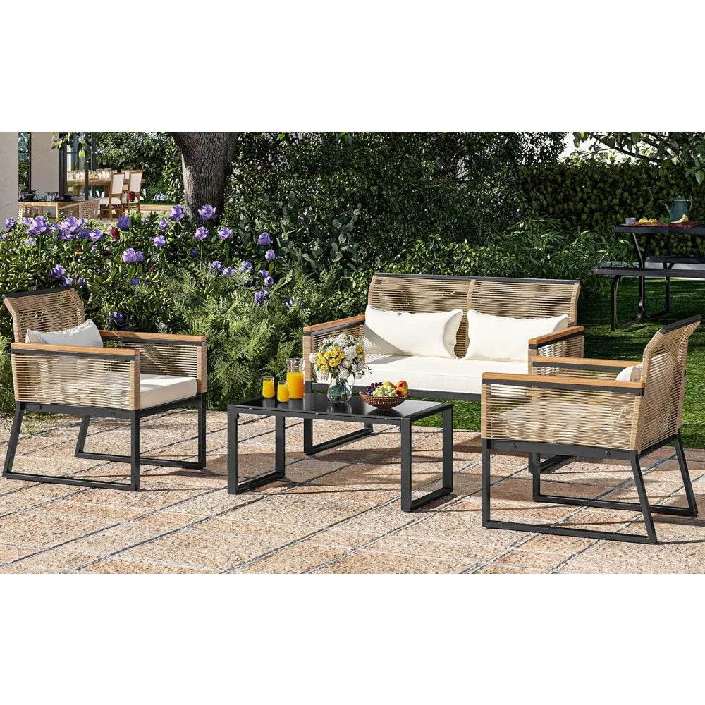 Muebles de Patio, juego de bistró de mimbre para exteriores, sofá de dos plazas de ratán para todo tipo de clima de 4 piezas para patio trasero, mesa de centro, mesa de exterior