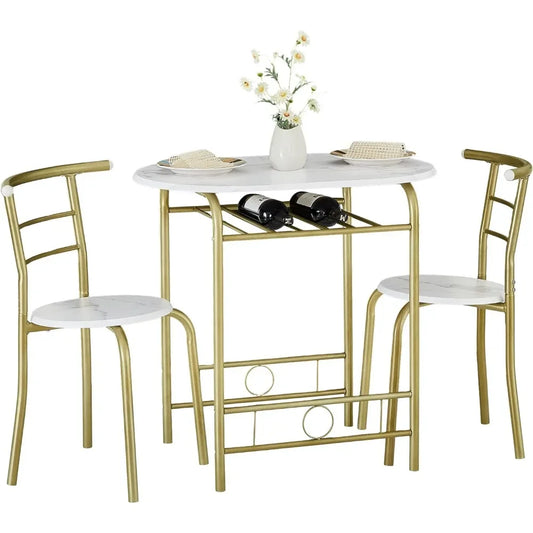 Ensemble de petite table à manger ronde 3 pièces pour coin petit-déjeuner de cuisine, plateau en grain de bois avec support de stockage de vin, gain de place, 31,5"