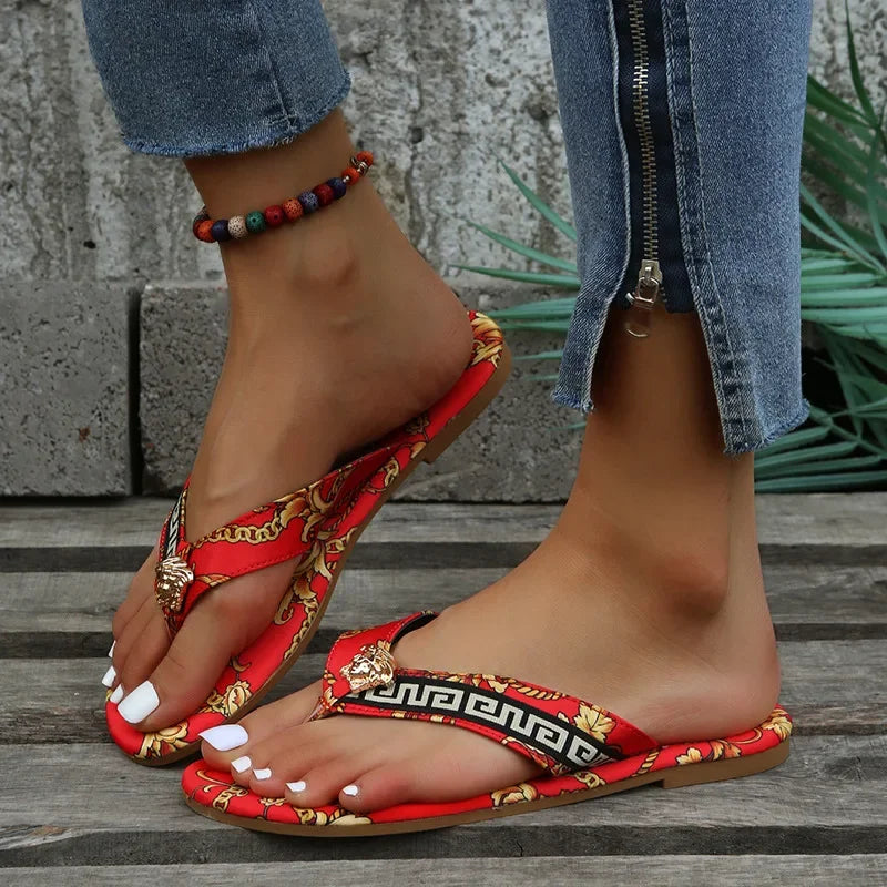 Chanclas sexys para mujer, chanclas planas con estampado a la moda, zapatillas planas para exteriores, sandalias de talla grande para mujer