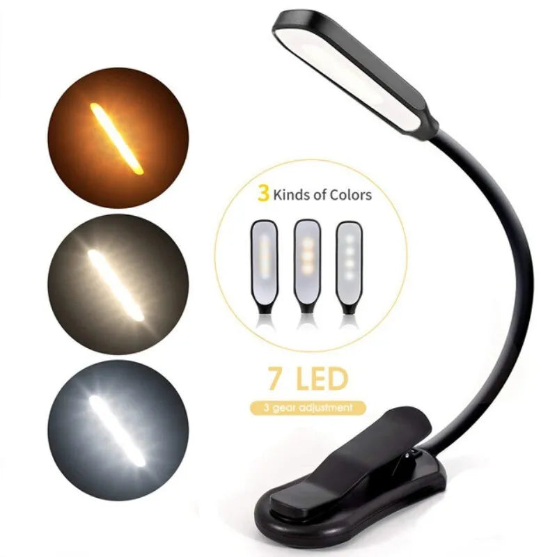 Lampe de lecture Rechargeable Mini Type 7 LED, variateur de lumière, 3 couches de Flexible, facile à clipser, lampe de Protection des yeux pour la nuit au lit