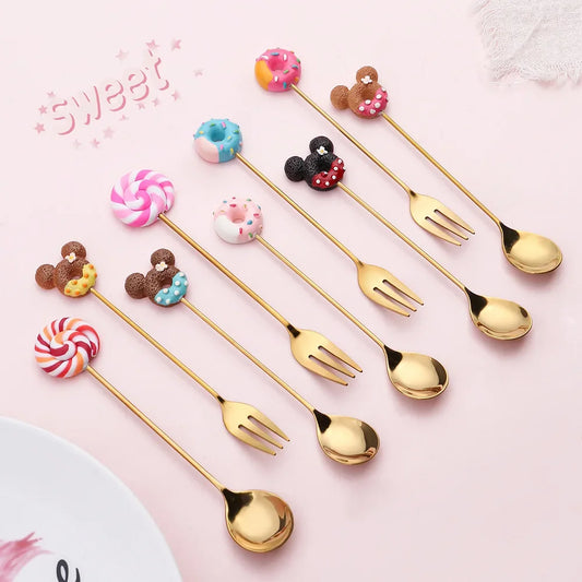 1Pcs Mini Stainless Steel Cute Doughnut Spoon Fork Cake Coffee Dessert Ice Cream Stirring Spoons Candy Cartoon Children Teaspoon