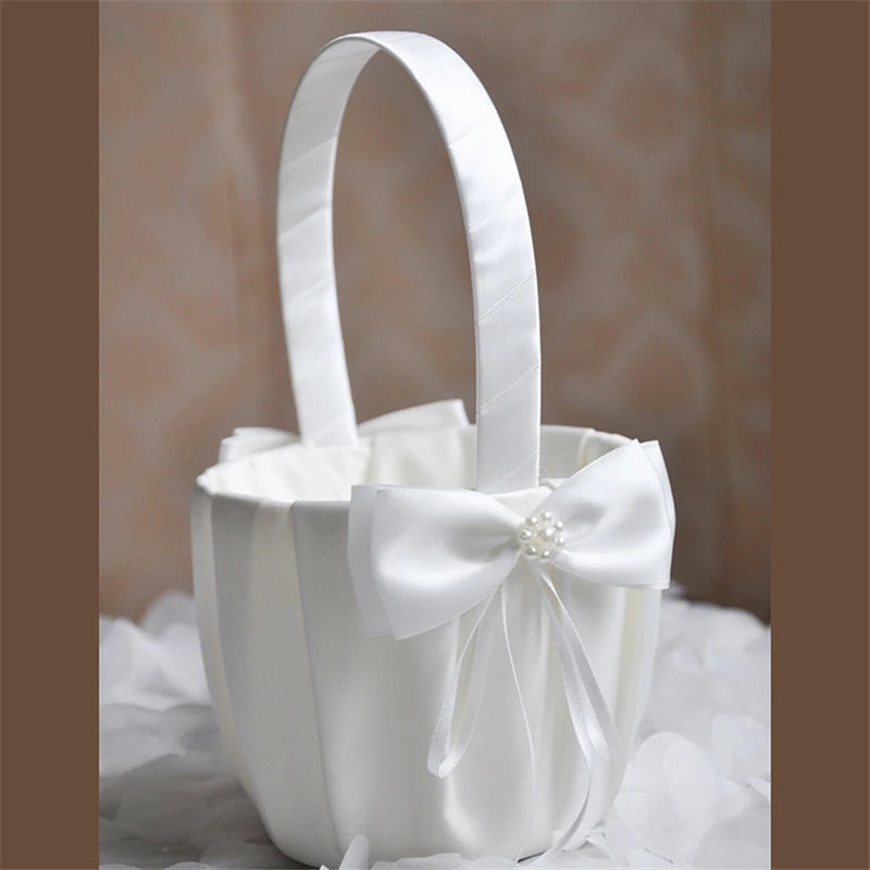 White Flower Girls Basket Pearl Simple Wedding Basket For Flower Bride/Kids Hand Held Wedding Ceremony Party Decorations