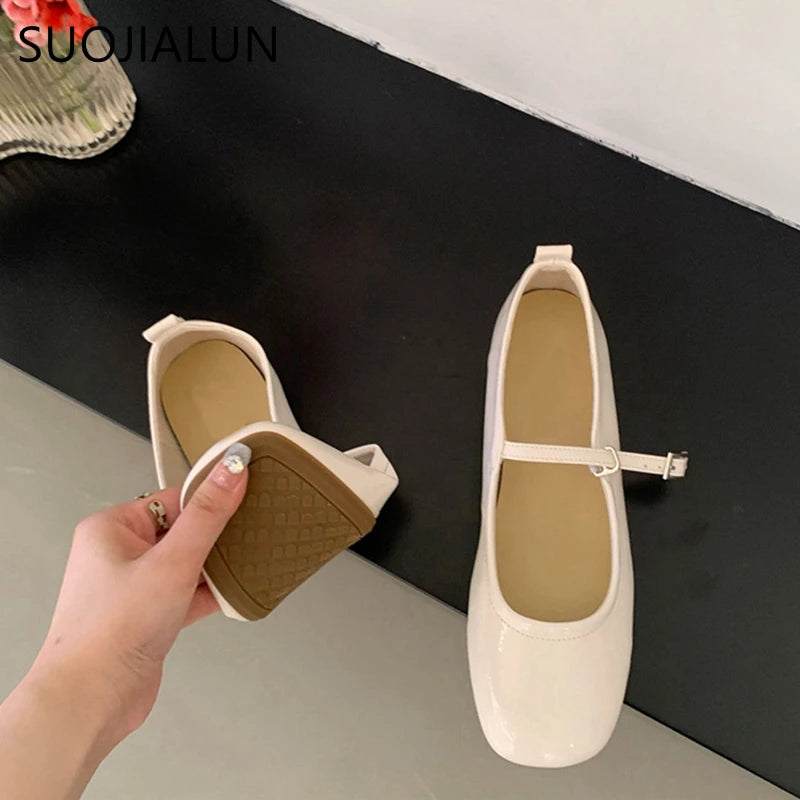 SUOJIALUN 2023 Summer New Women Mary Jane Shoes Soft Casual  Outdoor Dress Flat Ballet Shoes Round Toe Shallow Slip On Flats