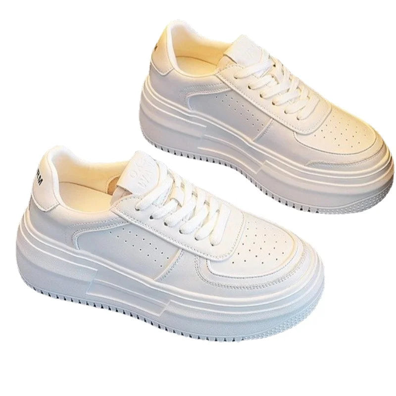 Zapatillas vulcanizadas informales blancas de cuero en U para mujer, zapatos planos con plataforma para caminar y correr, deportivos transpirables, novedad de 2023