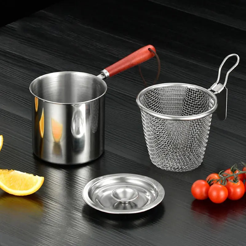 Wood Handle Kitchen Deep Frying Pot With Strainer Basket Stainless Steel Tempura French Fries Fryer Pot Chicken Fried Pan Cooker